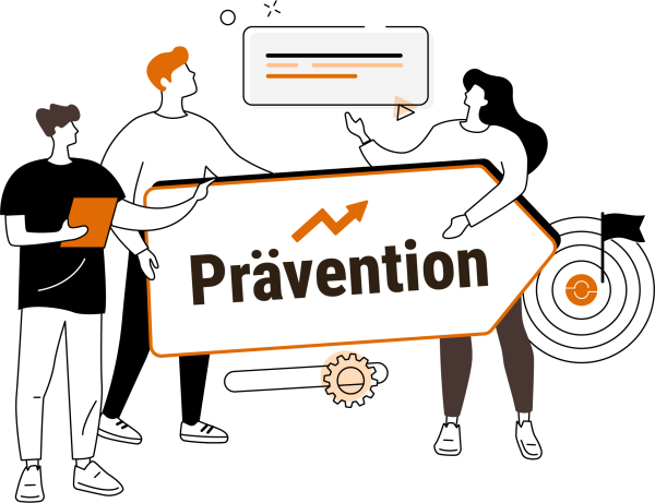 Drei Personen halten ein großes Schild mit der Aufschrift „Prävention“ und einem aufsteigenden Pfeil vor einer Zielscheibe